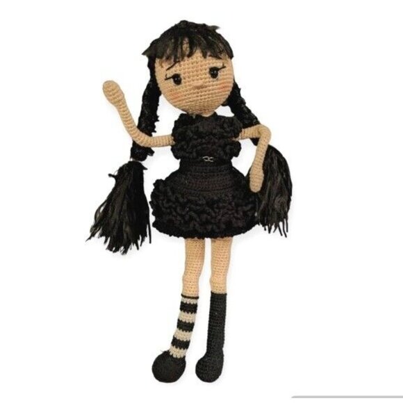 Wednesday Addams Doll Crochet Knit Creepy Goth Girl Handcrafted Emo Posable 14" - Picture 1 of 16